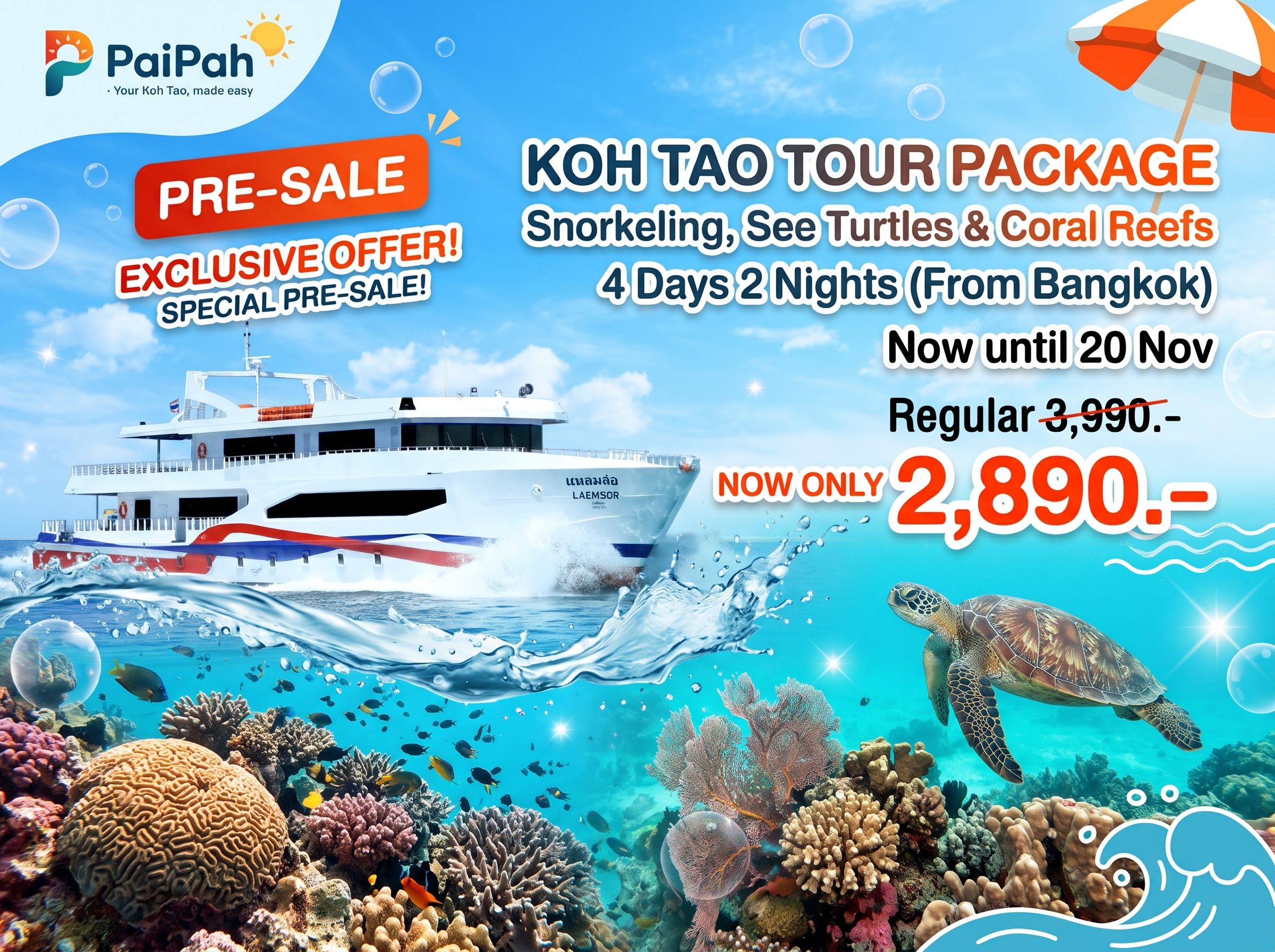 Koh Tao tour pre-sale, 4 days 2 nights, 2,890 baht